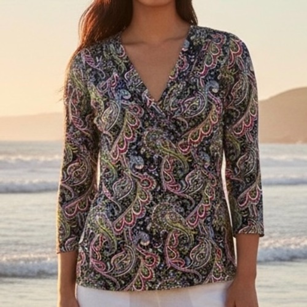 Talbots Womens Blouse Top Size S Navy Pink Paisley Faux Wrap Classic Travel Boho